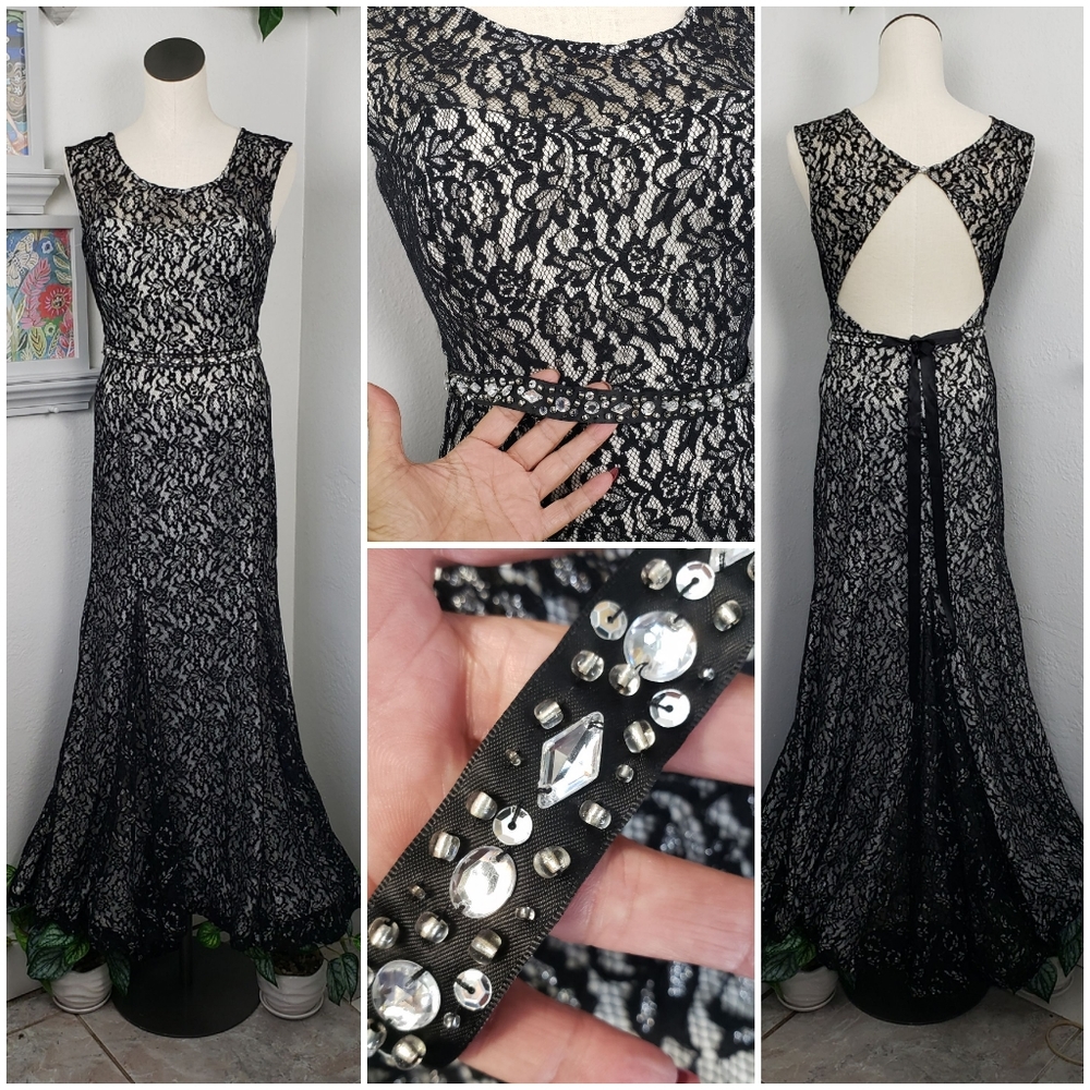 Sequin Hearts Black & White Formal Lace Gown Full Length Maxi Prom Goth Diva 5